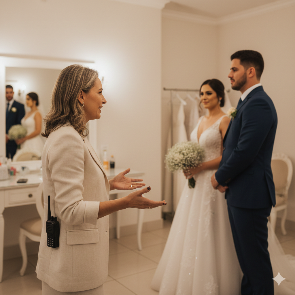 Cerimonialista orientando os noivos.